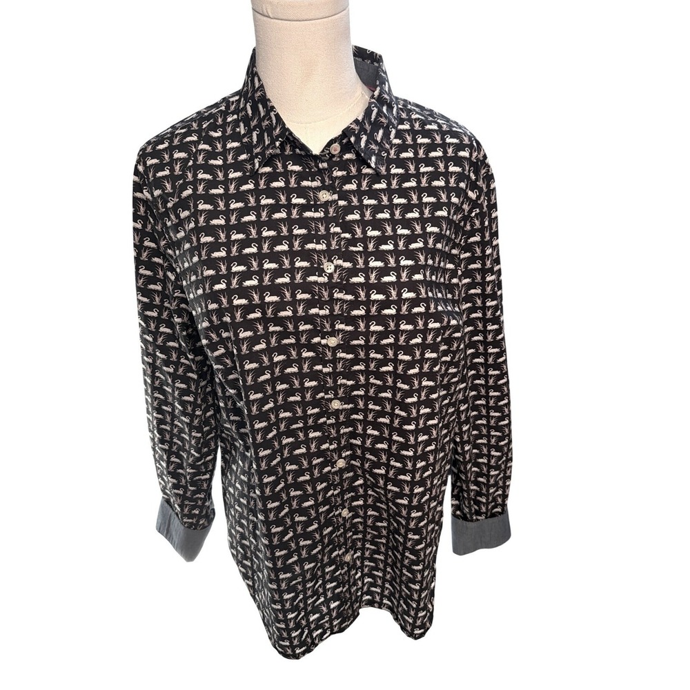 Talbots Swan Print Button Down Shirt Womens 12 Navy Blue Cotton Long Sleeve EX